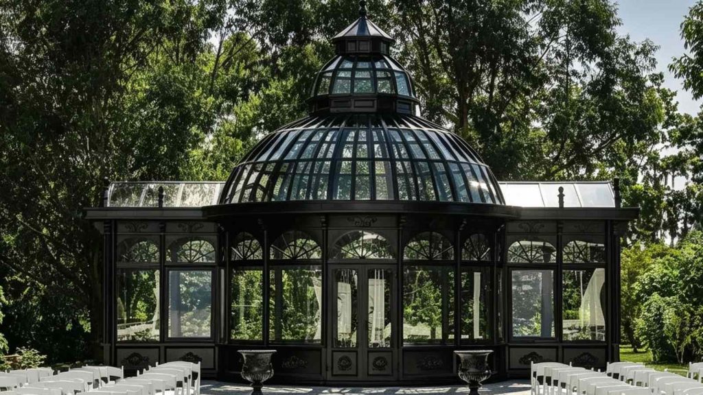 Black vintage dome hot-dip galvanized steel sunroom, wedding glass conservatory nestled in lush green woodland